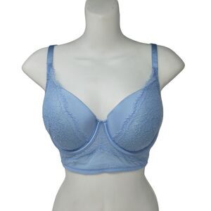 Auden Lightly Lined Demi Coverage Long Line Bra Blue Lace Underwire Size 34DD